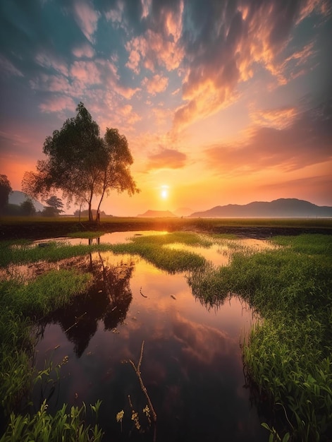 Een foto van een zonsondergang met een boom op de voorgrond