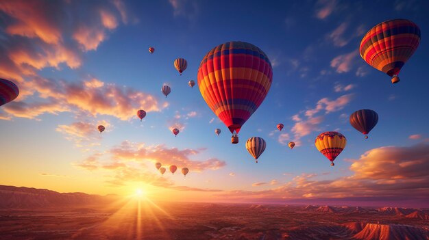 een foto van een zonsondergang met warme luchtballonnen in de lucht