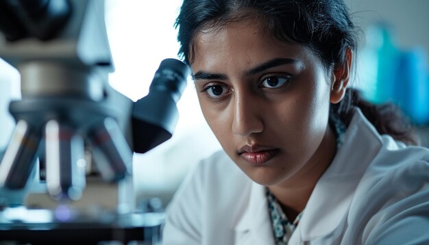 een foto van een Zuid-Aziatische vrouwelijke wetenschapper die in een lab werkt