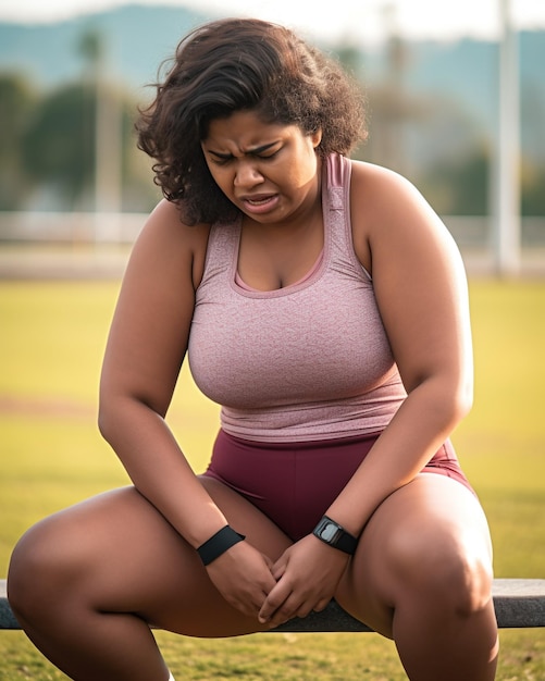 Een foto van een zwaargebouwde Indiase vrouw van jongs af aan die pijn heeft door haar knie en deze met beide handen vasthoudt terwijl ze op een bankje op een atletiekbaan in een park zit