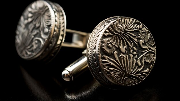 Een foto van elegante zilveren manchetknopen met gegraveerd patroon