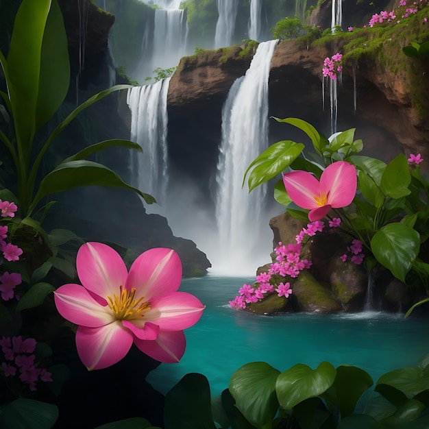 Een foto van exotische bloemen die groeien met een waterval achtergrond