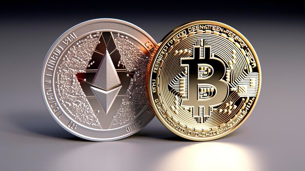 Een foto van fysieke Bitcoin- en Ethereum-munten