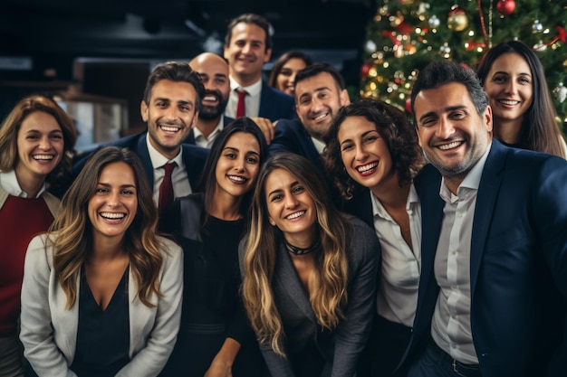 Een foto van gelukkige zakenmensen die Kerstmis vieren op het werk