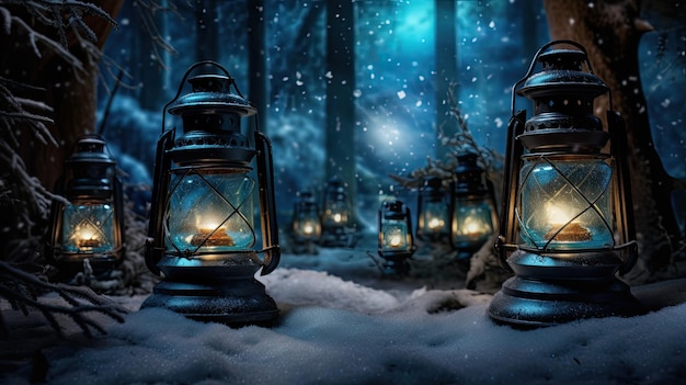 Foto een foto van gloeiende lantaarns op de achtergrond van het bevroren bos