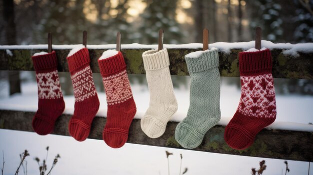 Foto een foto van handgebreide kerstkousen die op een houten hek hangen op een besneeuwde weide achtergrond