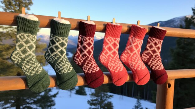 Een foto van handgebreide kerstkousen die op een houten veranda hangt met een besneeuwde bergachtergrond