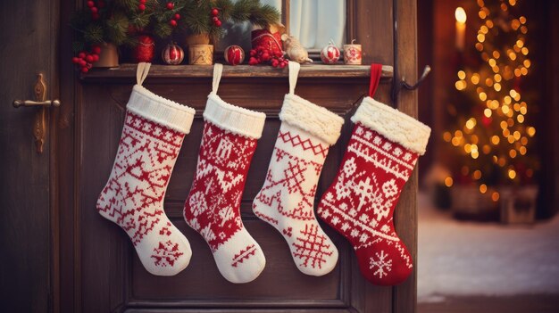 Foto een foto van handgebreide kerstkousen die op een rustieke houten deur hangen met een besneeuwd dorpsachtergrond