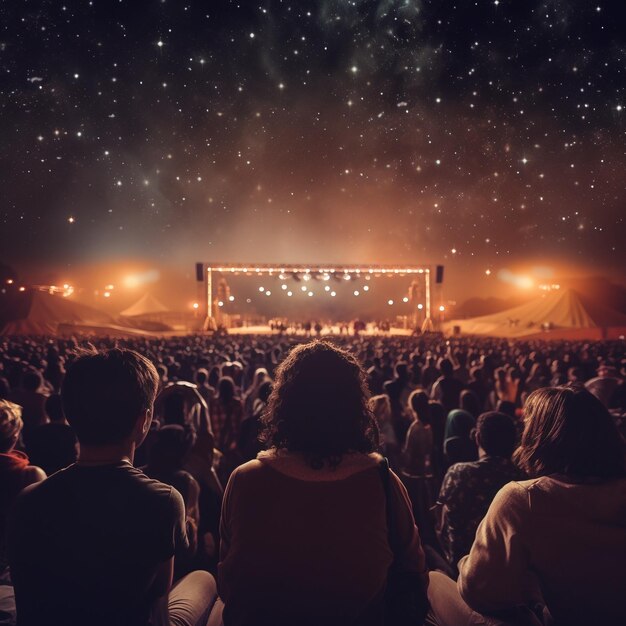 Foto een foto van het achteraanzicht van het publiek met opgeheven armen voor het podium tijdens een muziekconcert