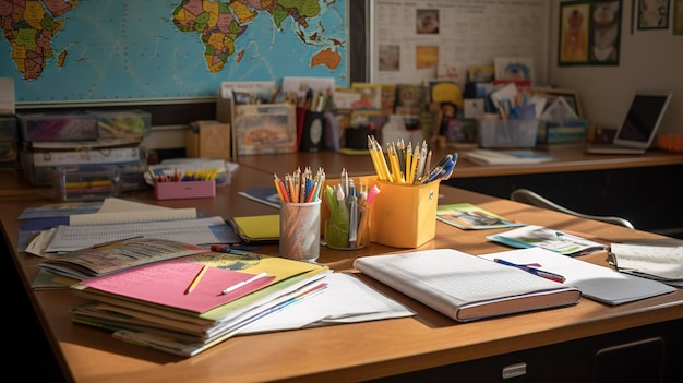 Een foto van het bureau van een leraar met onderwijsmiddelen en boeken