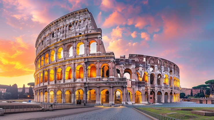 Foto een foto van het colosseum in rome italië bij zonsondergang generative ai