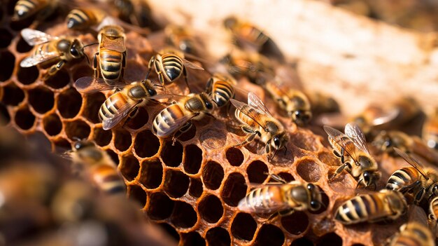 Een foto van hoge kwaliteit Details Close-up van een zoemende bijenkorf