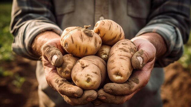 Een foto van hoge kwaliteit toont boerenhanden die een vers gerooide aardappel vasthouden