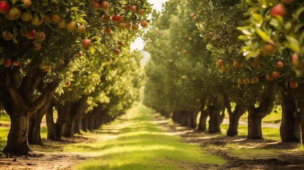 Een foto van hoge kwaliteit toont een rij appelbomen in een boomgaard
