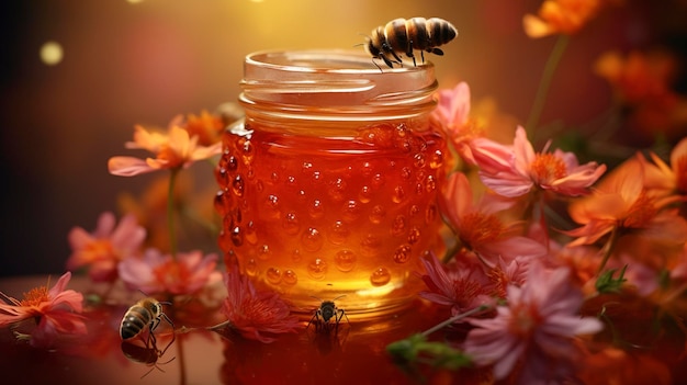 Een foto van honing die druppels vormt op een glazen pot