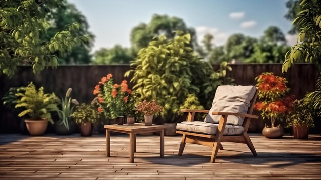 Foto een foto van houten tafel en stoelen in de tuin paar speciaal zitten in het park generatieve ai