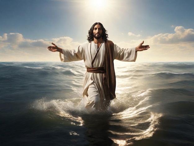 een foto van jesus in het water met de zon achter hem