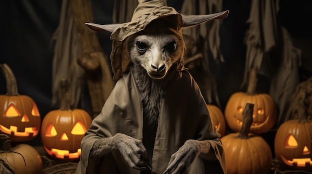een foto van kangoeroe gebruikt heksenhoed voor halloween-viering