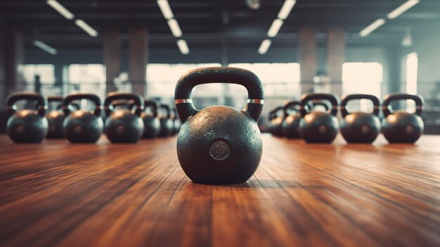 Een foto van kettlebells op een sportschoolvloer