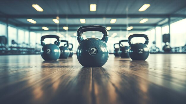 Een foto van kettlebells op een sportschoolvloer