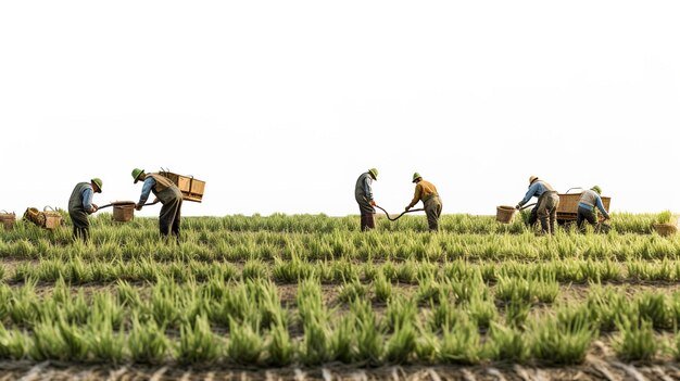 Een foto van landarbeiders die biologische gewassen oogsten