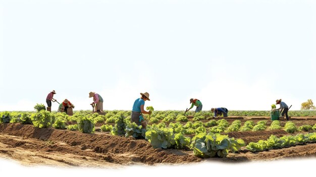 Een foto van landarbeiders die biologische gewassen oogsten