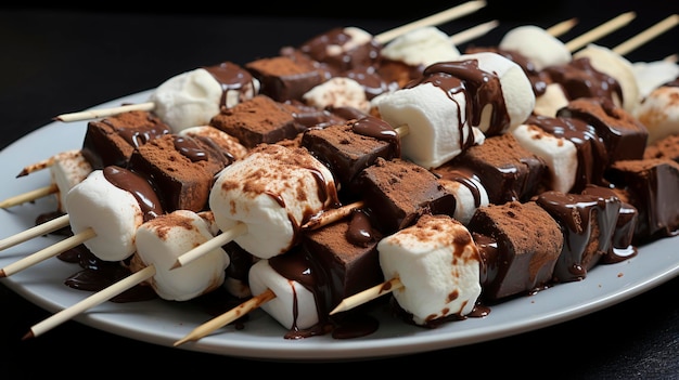 Een foto van met chocolade bedekte marshmallows op spijkers