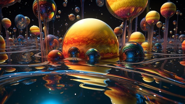 Een foto van planeten en sterren met water en bubbels