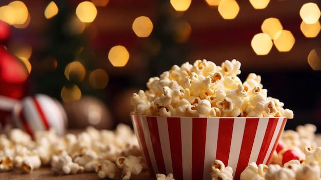 Een foto van popcorn in een feestelijke vakantie omgeving