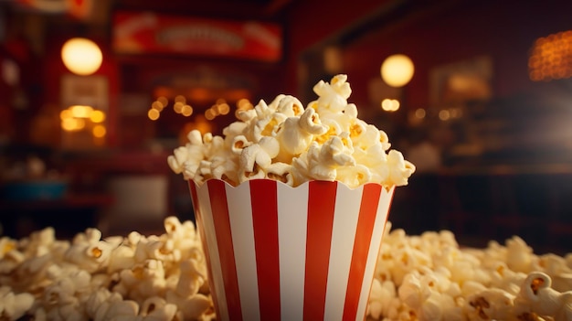 Een foto van popcorn in een popcorn emmer in retro stijl