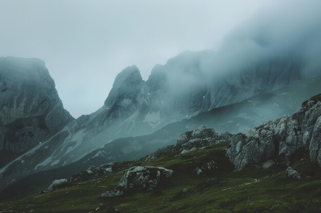 Een foto van prachtige bergen in een mist.