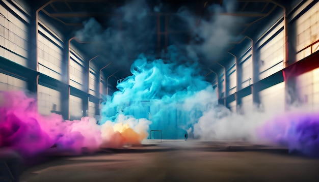 Een foto van rook in een magazijn met op de achtergrond een blauwe en roze rookwolk.