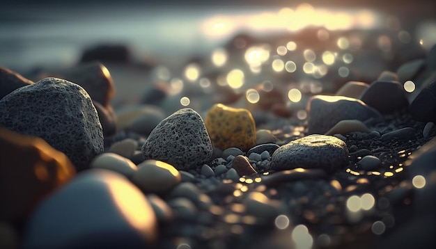 Een foto van rotsen op een strand met daarachter de ondergaande zon