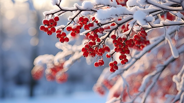 Een foto van sneeuwvlokken op de achtergrond van een rode bessenstruik in de wintertuin