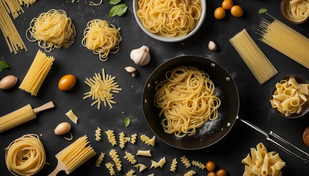een foto van spaghetti en pasta op een tafel