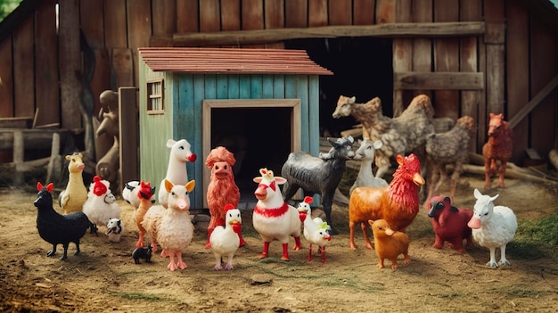 Een foto van speelse speelgoedboerderijdieren in een boerenerf