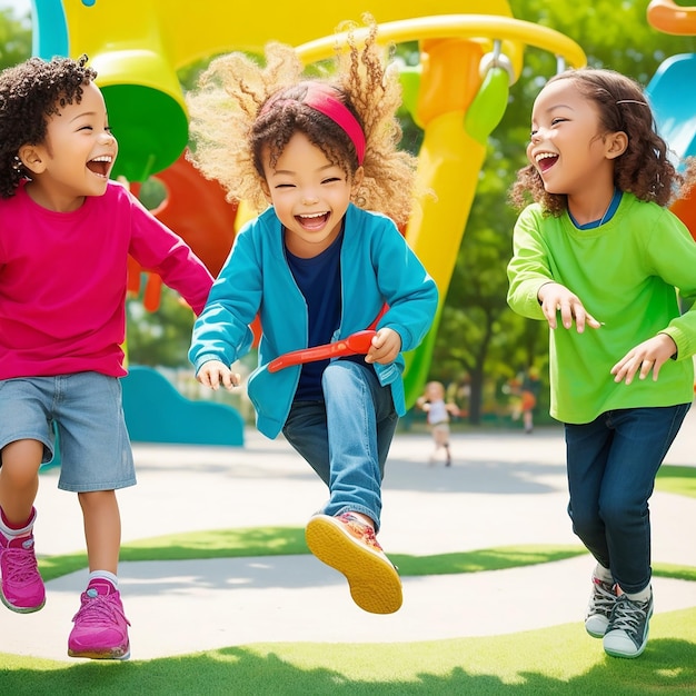 Een foto van spelende kinderen in een kleurrijk park. De afbeelding laat hun gelach zien