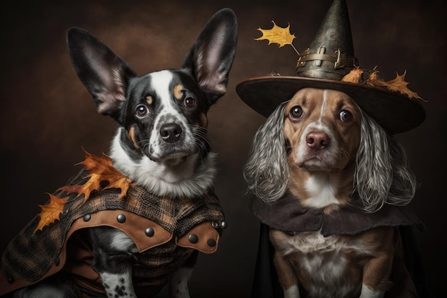 Een foto van twee honden verkleed voor Halloween