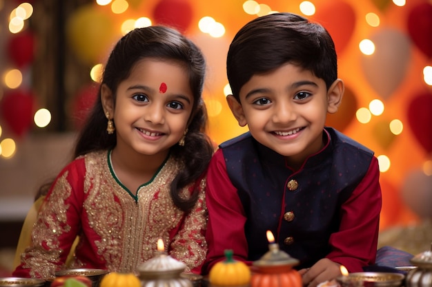 Een foto van twee jonge broers en zussen die het Bhai Dooj- of Diwali-festival vieren