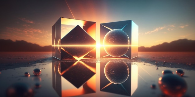 Een foto van twee kubussen met daarachter de ondergaande zon.