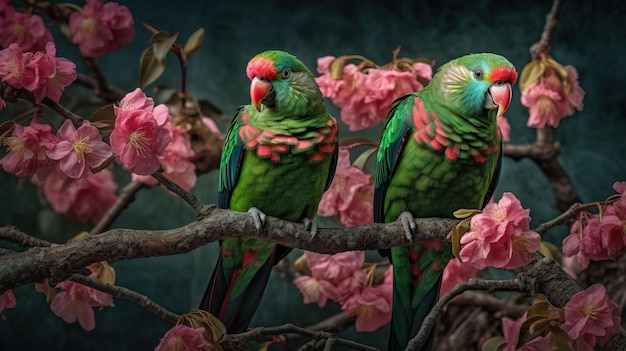 Een foto van twee papegaaien op een tak met roze bloemen.