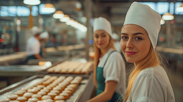 Een foto van twee werkende vrouwen in een moderne voedselproductiefabriek naast een transportband