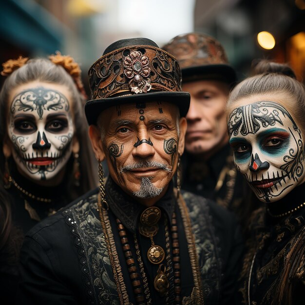 een foto van verschillende mensen met enge kostuums en gezichten voor de viering van de dag van de doden