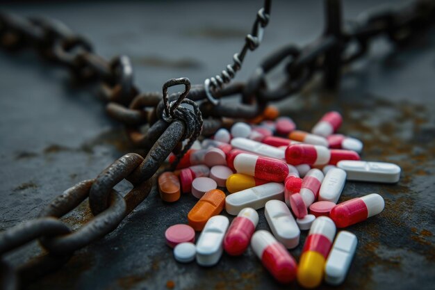 Een foto van verschillende pillen netjes gerangschikt op de top van een ketting die de kruising van medicatie en veiligheid illustreert Een metaforische vergelijking van opioïden met valstrikken AI gegenereerd