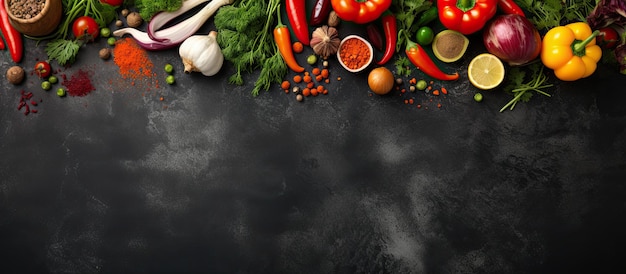 Een foto van verse groenten, specerijen en kruiden op een zwarte stenen tafel die een achtergrond is
