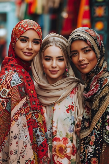 een foto van vrouwen in traditionele kleding uit verschillende culturen die samen Vrouwendag vieren