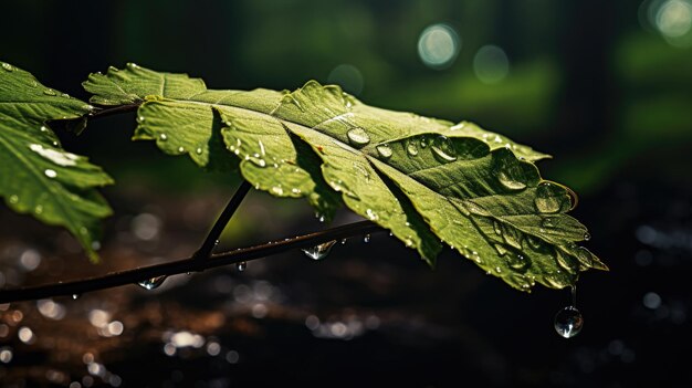 Een foto van waterdruppels op een blad donker bos achtergrond
