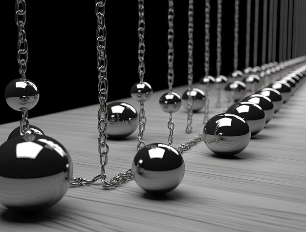 een foto van zilveren ballen aan kettingen in de stijl van perspectiefweergave