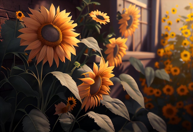 Een foto van zonnebloemen voor een raam