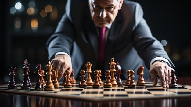Een foto waarop een zakenman een schaakstuk strategisch verplaatst op een bordspel